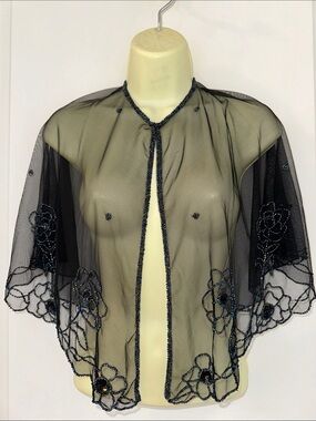 Betsey Johnson Black Sheer Floral  Beaded Trim Capelet